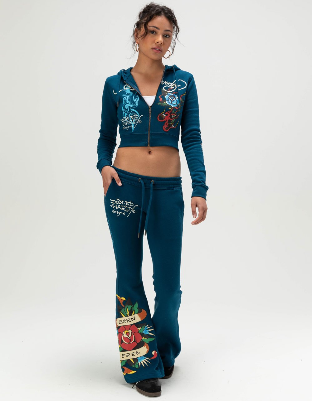 ED HARDY Flame Rose Womens Zip-Up Hoodie - BLUE