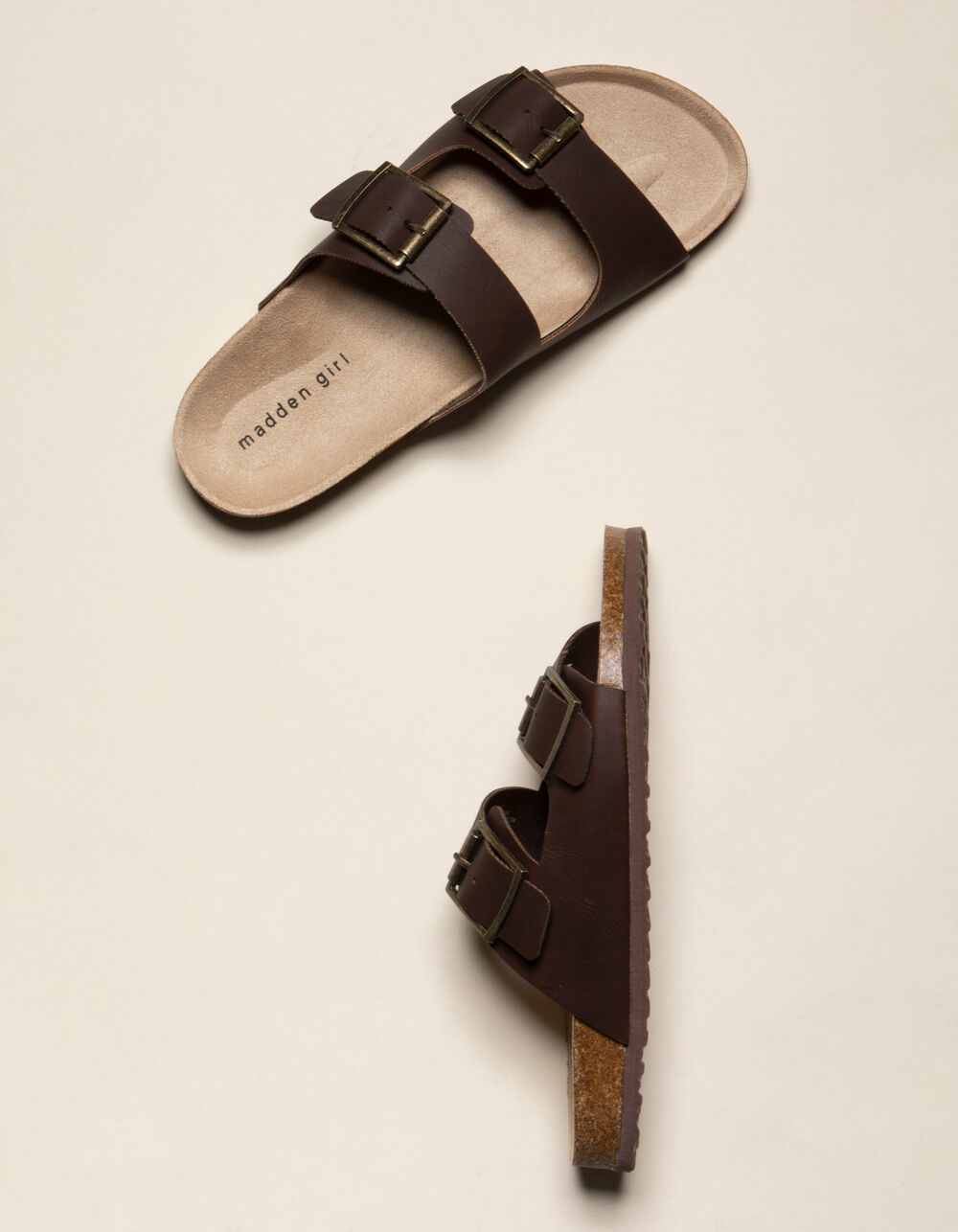 MADDEN GIRL Double Buckle Womens Chocolate Slide Sandals image number 1