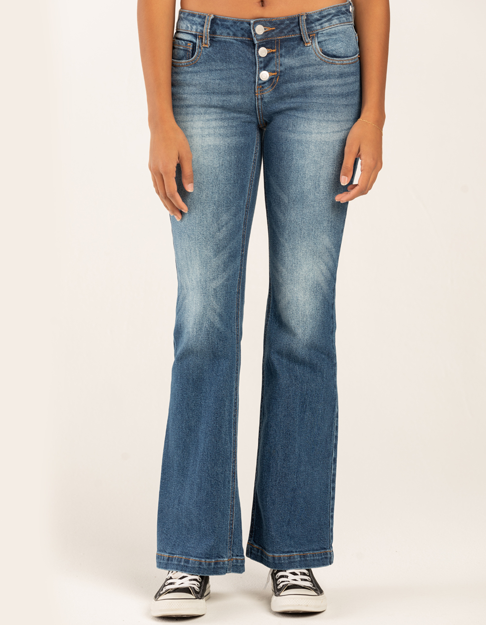 CELLO Low Rise Exposed Button Flare Womens Jeans Dark Wash Tillys