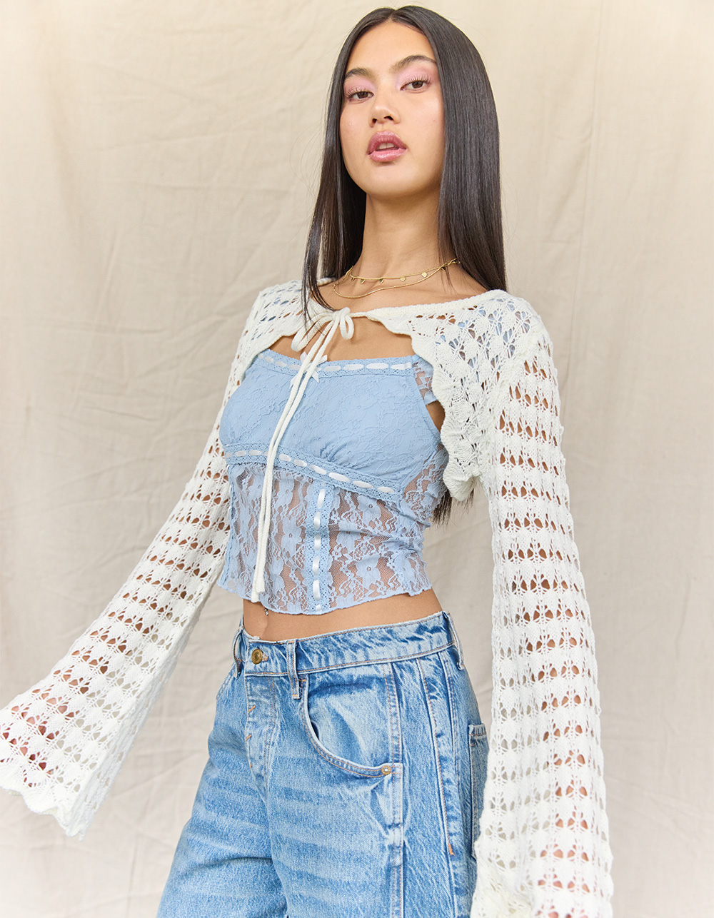 WEST OF MELROSE Open Knit Womens Shrug - CREAM