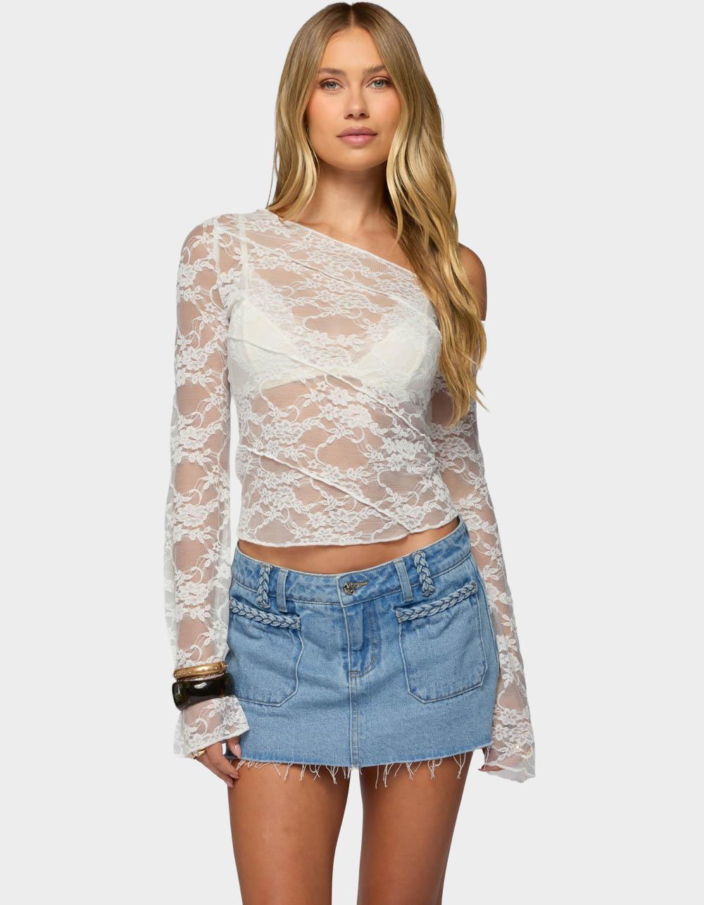 EDIKTED Stitched Sheer Lace Off Shoulder Top - WHITE