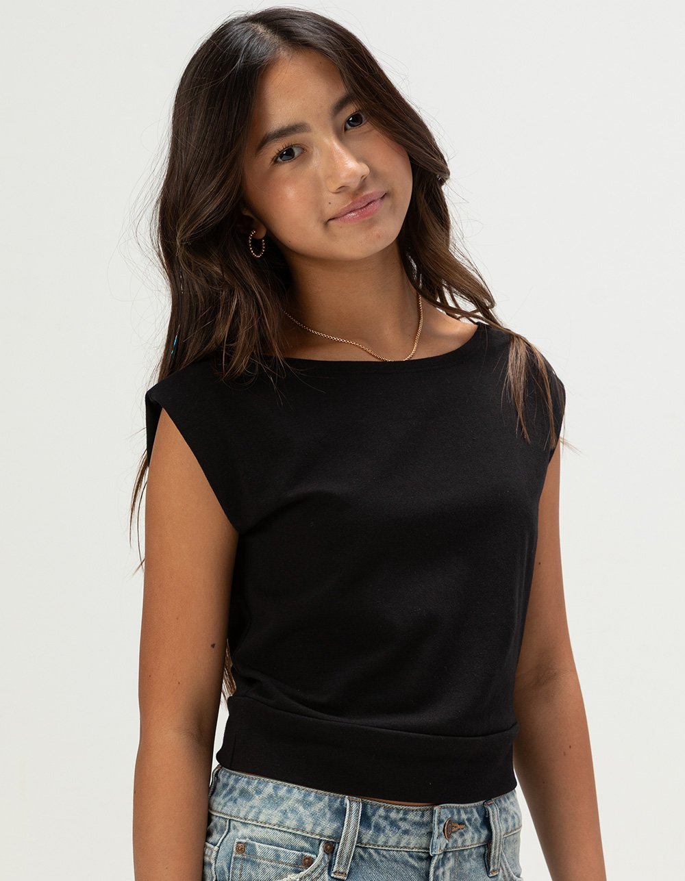 FULL TILT Girls Off The Shoulder Banded Top - BLACK