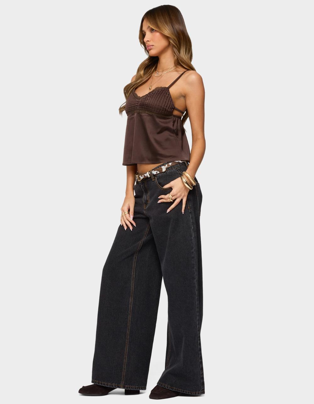 EDIKTED Blanca Satin Effect Lace Trim Tank Top - BROWN