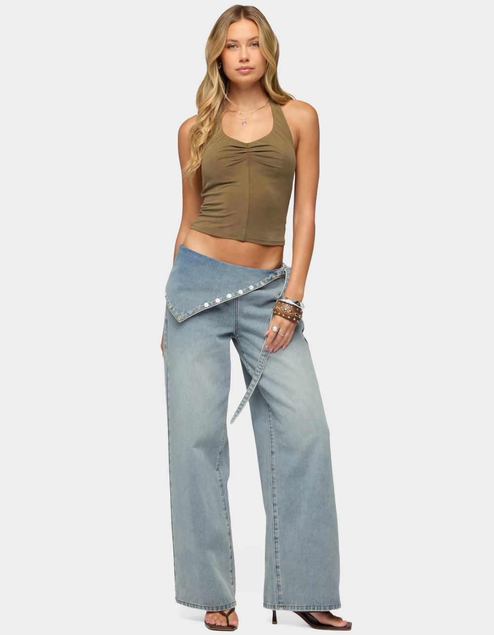 EDIKTED Montanah Pleated Halter Top - DK GREEN