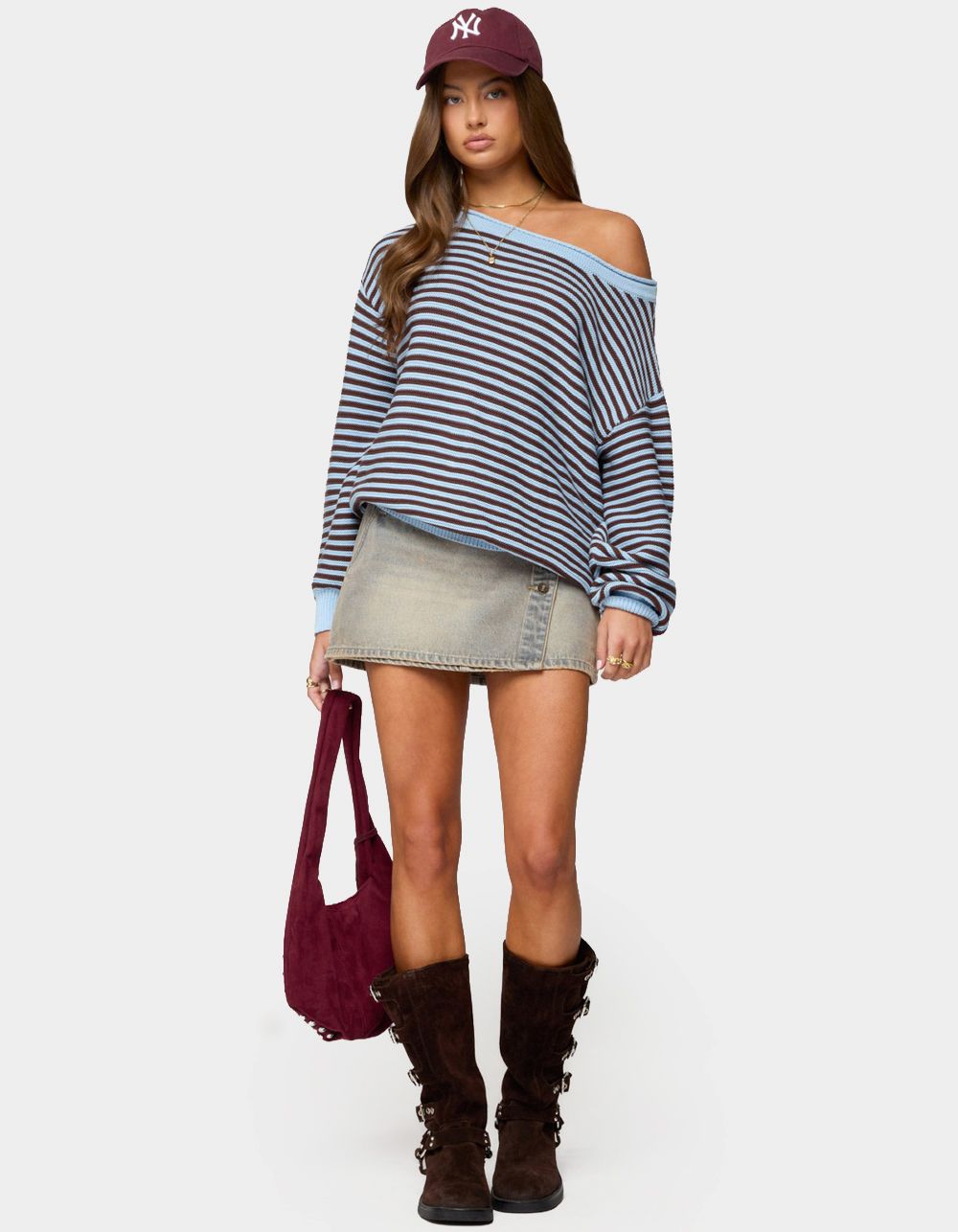 EDIKTED Averi Striped Oversized Off Shoulder Sweater - LIGHT BLUE