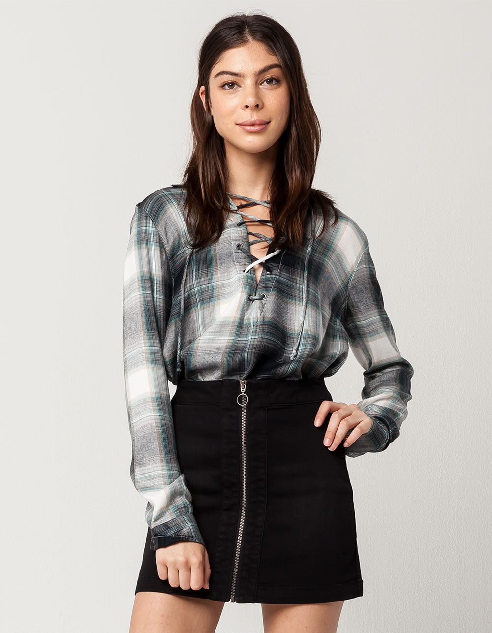 SKY AND SPARROW Plaid Rayon Womens Lace Up Top image number 0