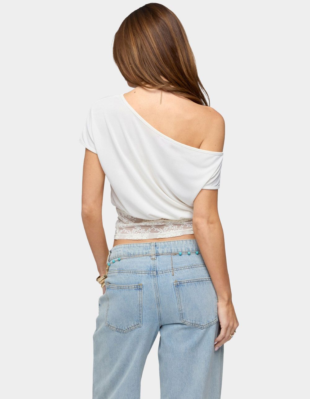 EDIKTED Michy Off Shoulder Lacey Top - BEIGE
