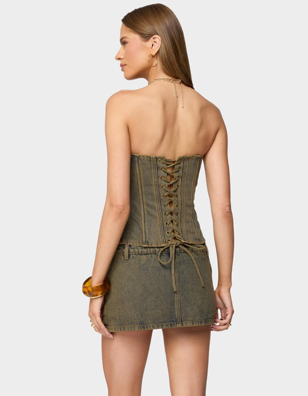 EDIKTED Camelia Strapless Denim Corset - BROWN