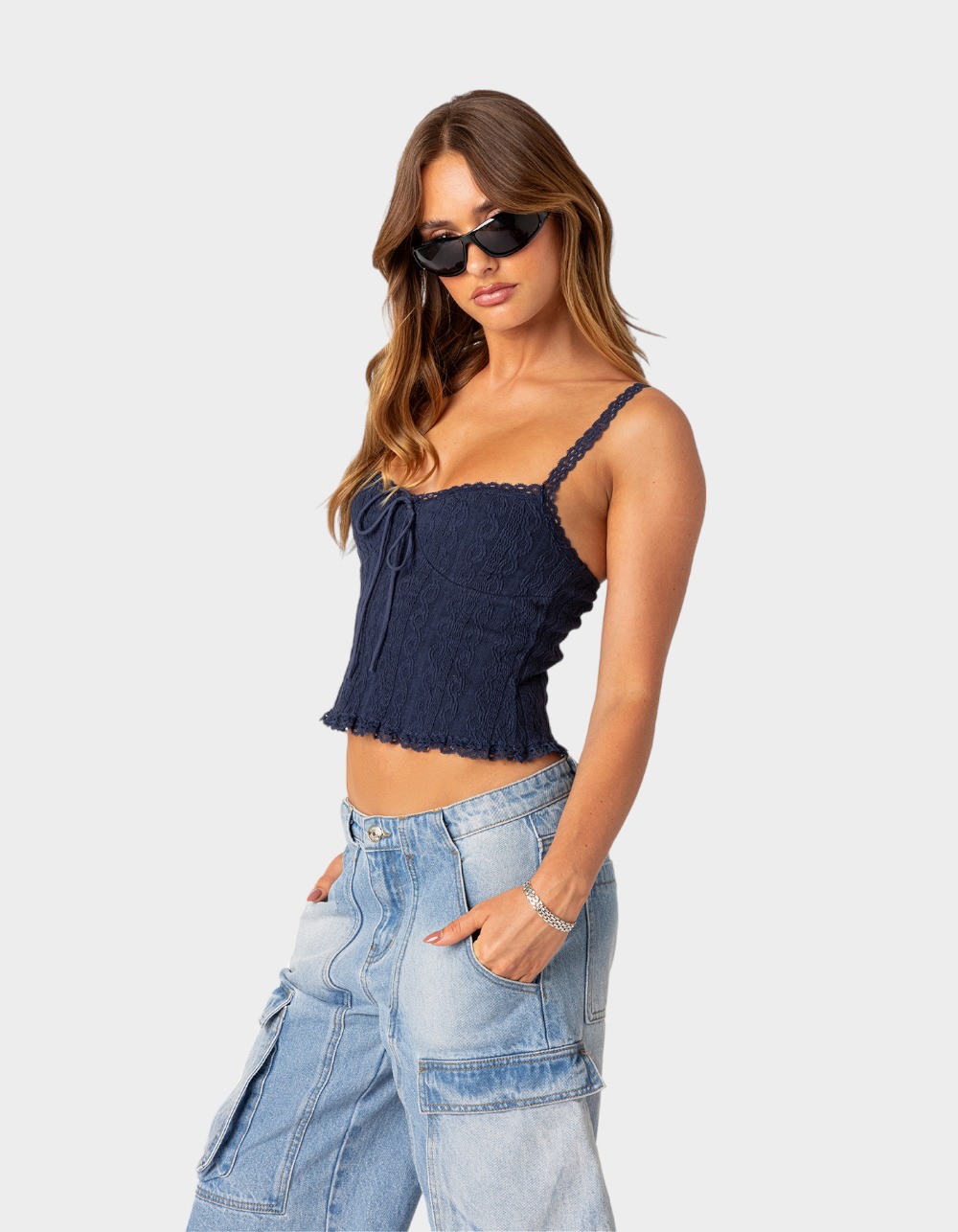 EDIKTED Lacey Knit Tank Top - NAVY