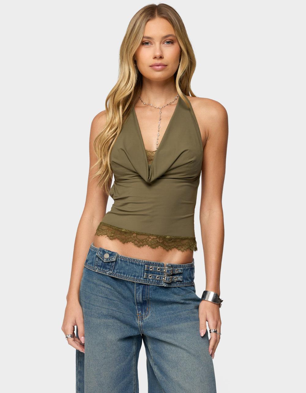 EDIKTED Layered Lacey Cowl Neck Halter Top - DK GREEN