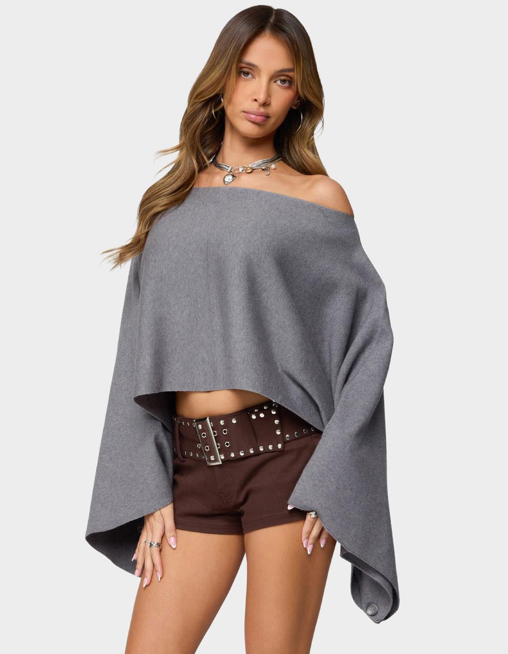 EDIKTED Sharla Off Shoulder Poncho Sweater - GRAY
