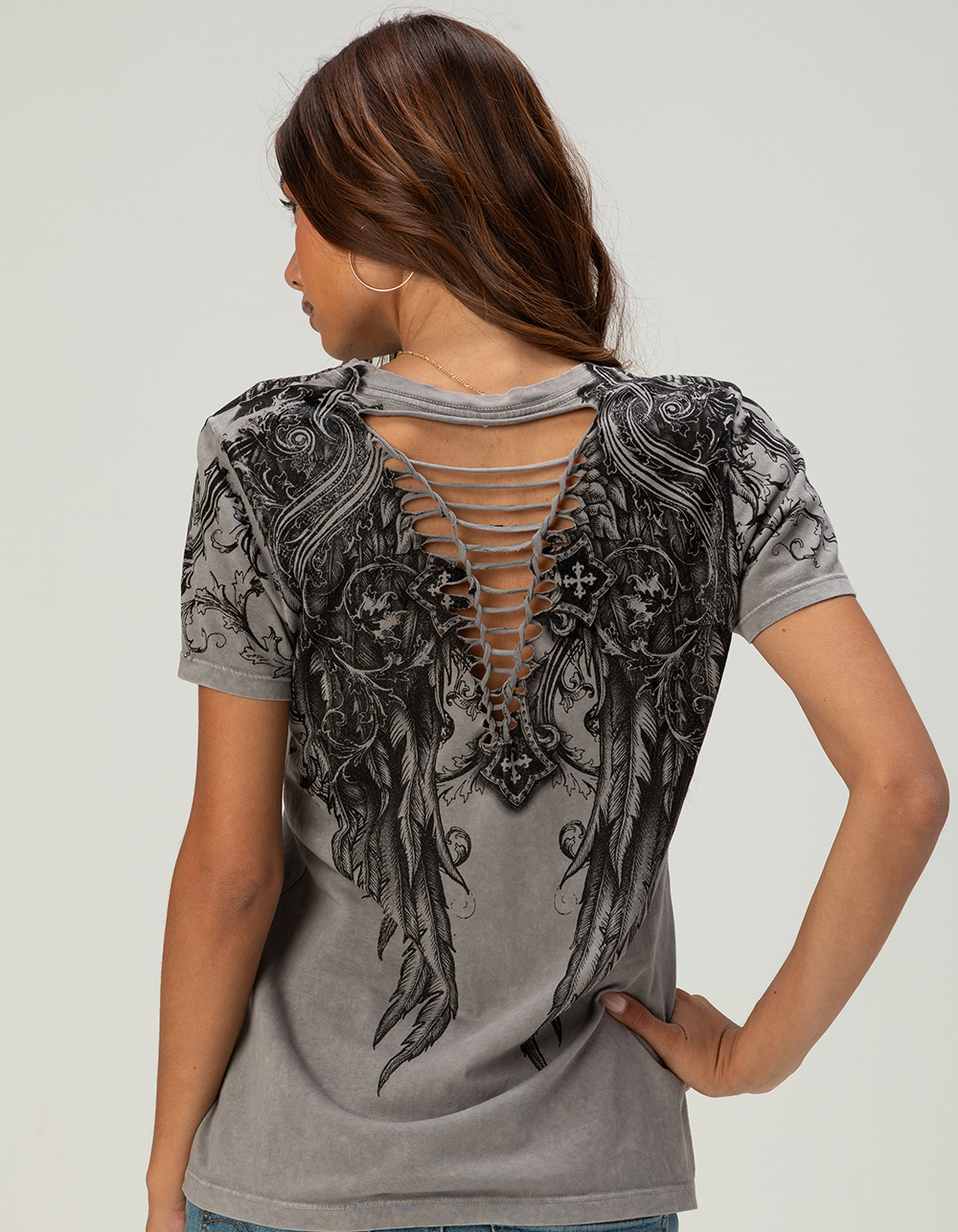 AFFLICTION Aristocrat Womens Lace-Up Back Tee - GRAY