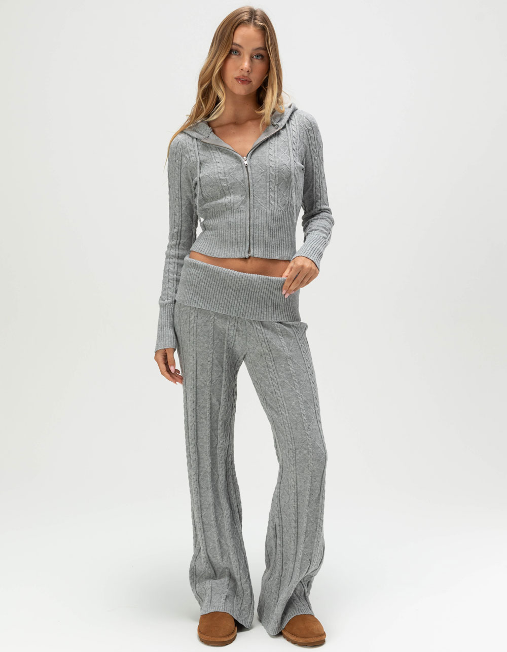 FULL TILT Cable Knit Womens Fold Over Pants - HEATHER GRAY