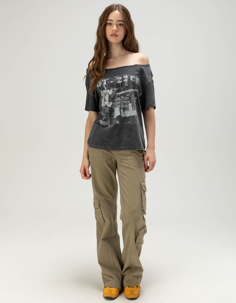FULL TILT Womens Off The Shoulder Punk Relaxed Tee - WASHED BLACK