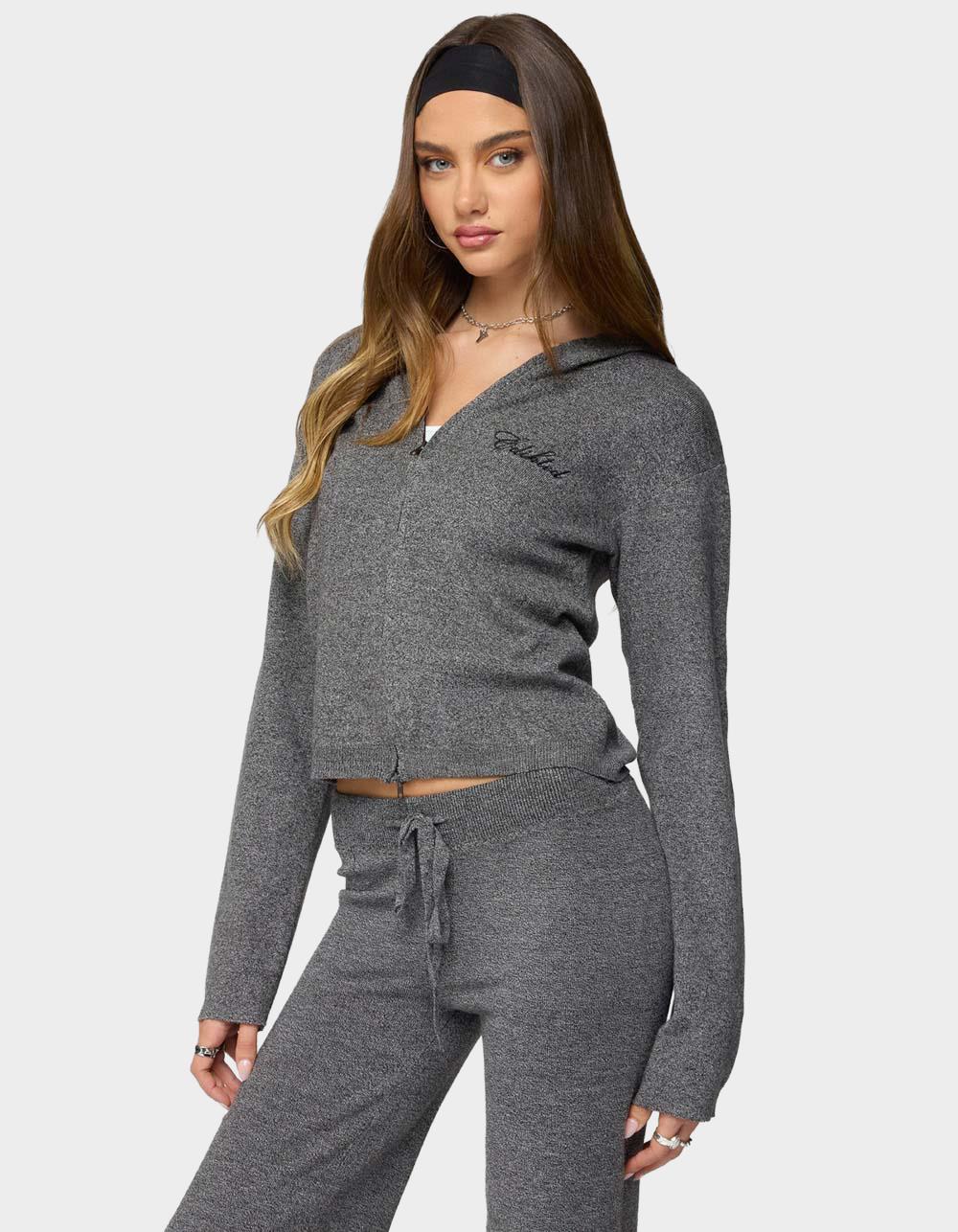 EDIKTED Ayah Knit Zip Up Hoodie - DARK GRAY