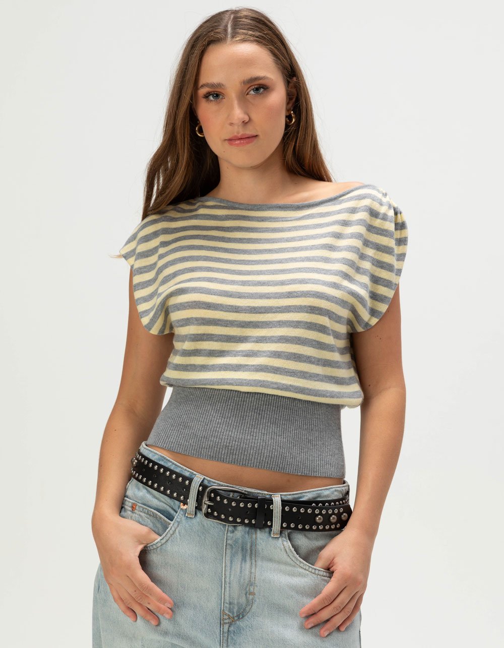 BDG Urban Outfitters Bailey Womens Off The Shoulder Top - YELLOW COMBO