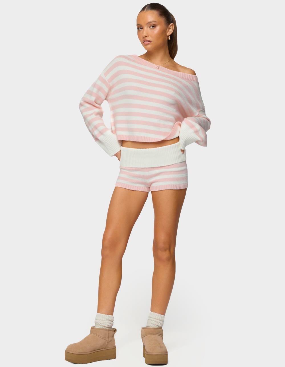 EDIKTED Saphi Striped Foldover Knit Shorts - LIGHT PINK