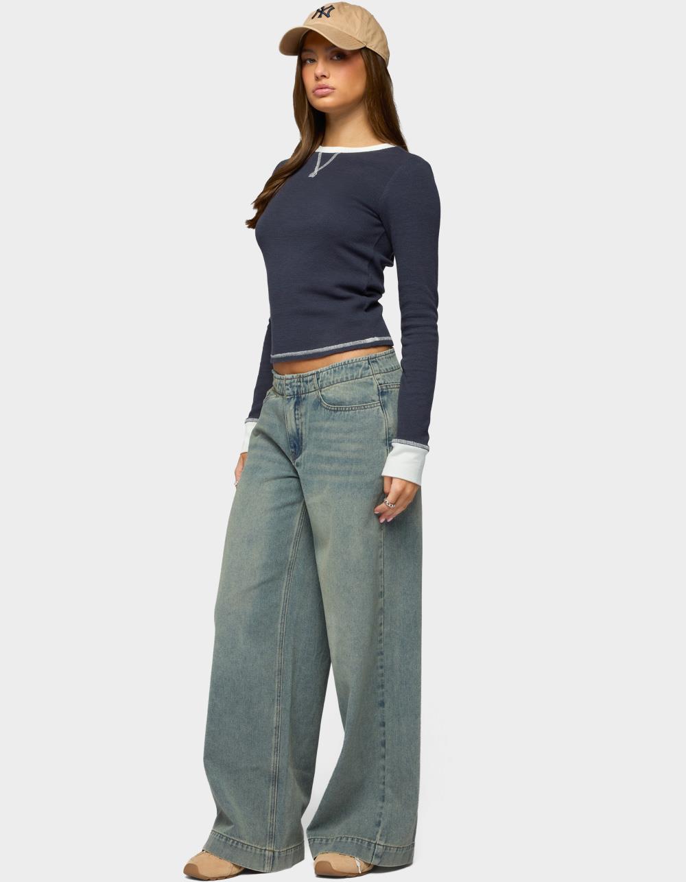EDIKTED Rora Contrast Long Sleeve Waffle Top - NAVY