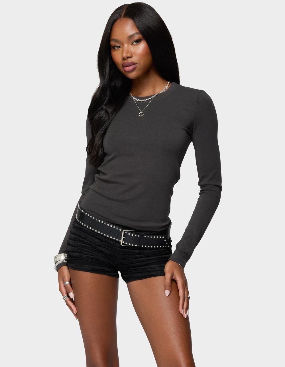 EDIKTED Daphne Ribbed Long Sleeve Tee - GRAY