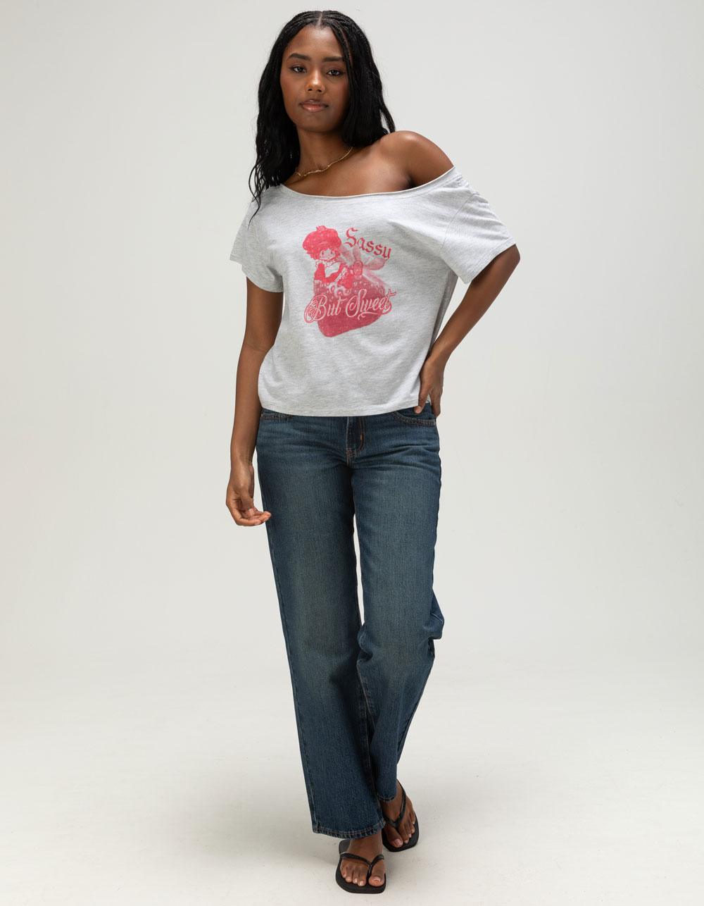 STRAWBERRY SHORTCAKE Womens Off The Shoulder Tee - GRAY