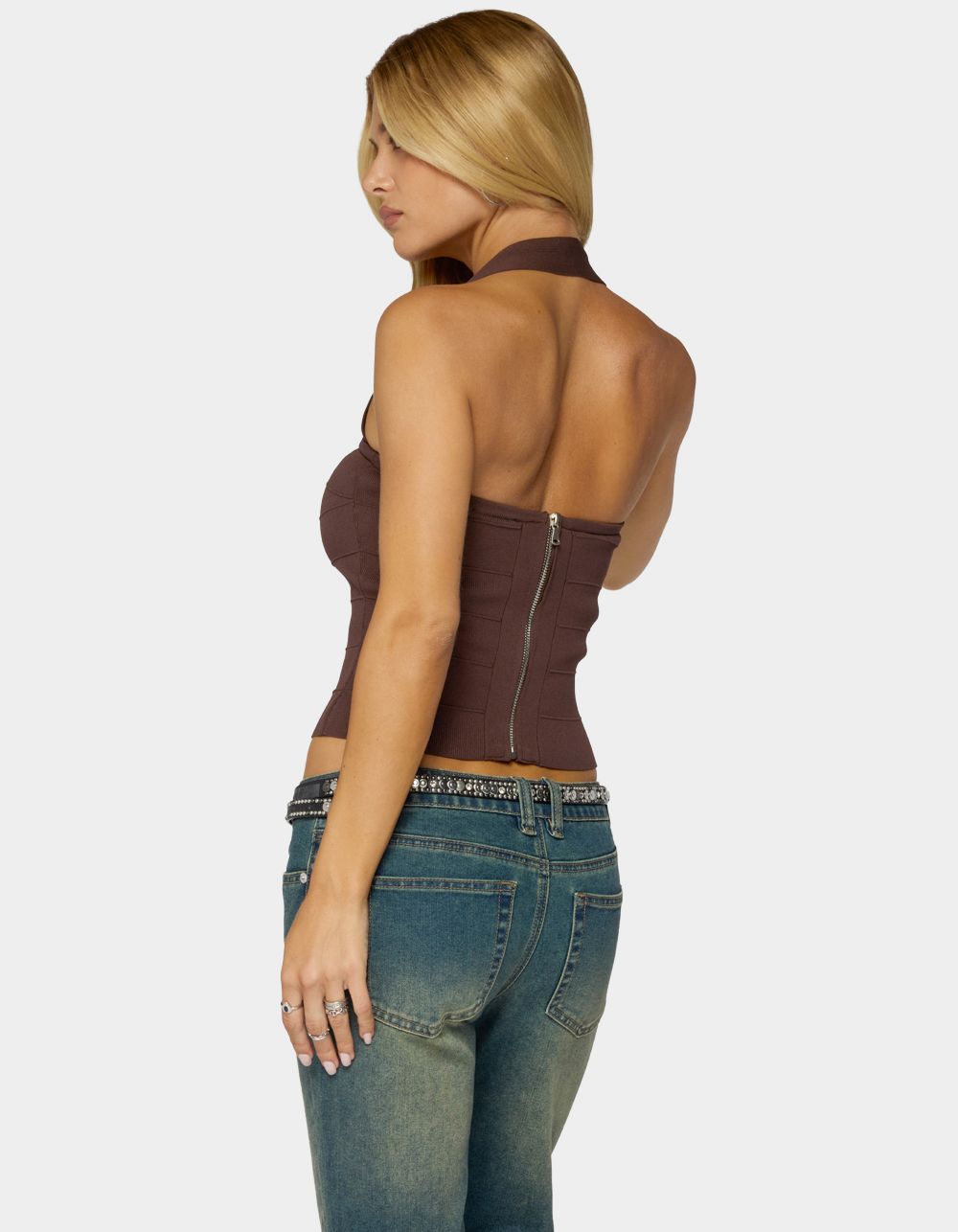 EDIKTED Esmerela Bandage Knit Halter Top - BROWN