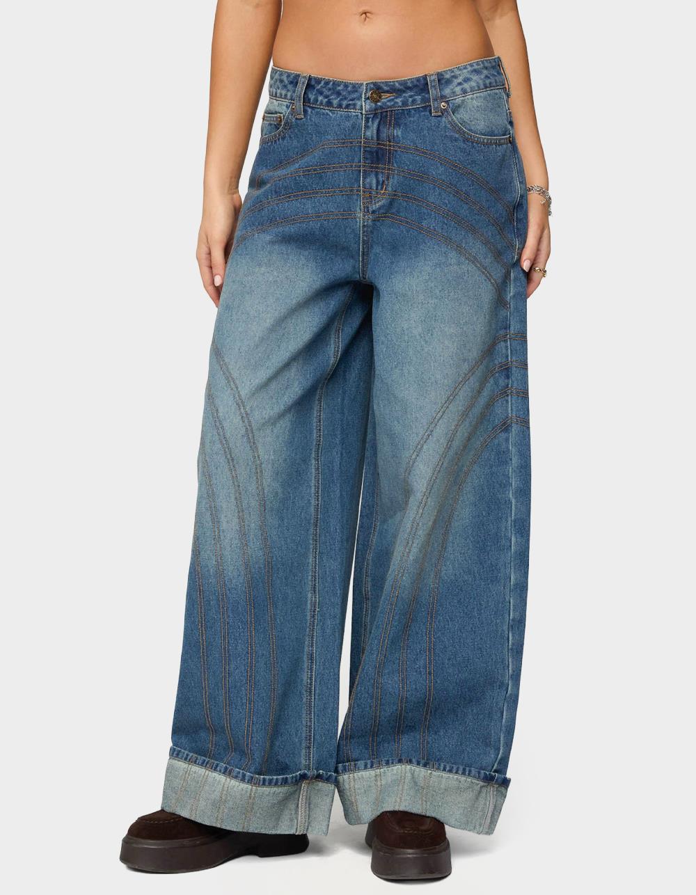 EDIKTED Cuffed Low Rise Baggy Jeans - LIGHT BLUE