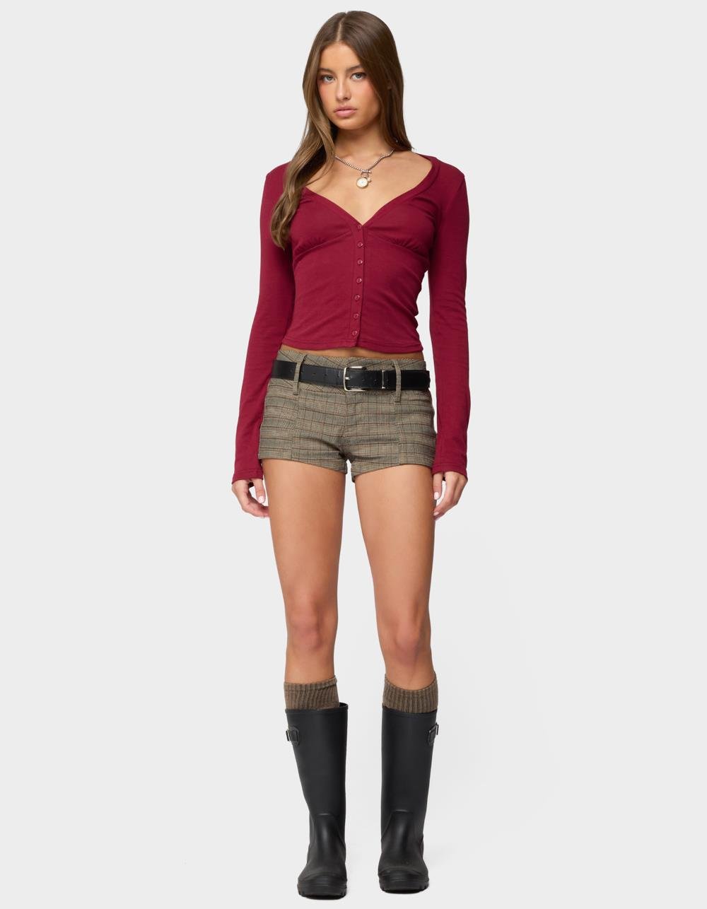 EDIKTED Charla V-Neck Button Up Top - DK RED