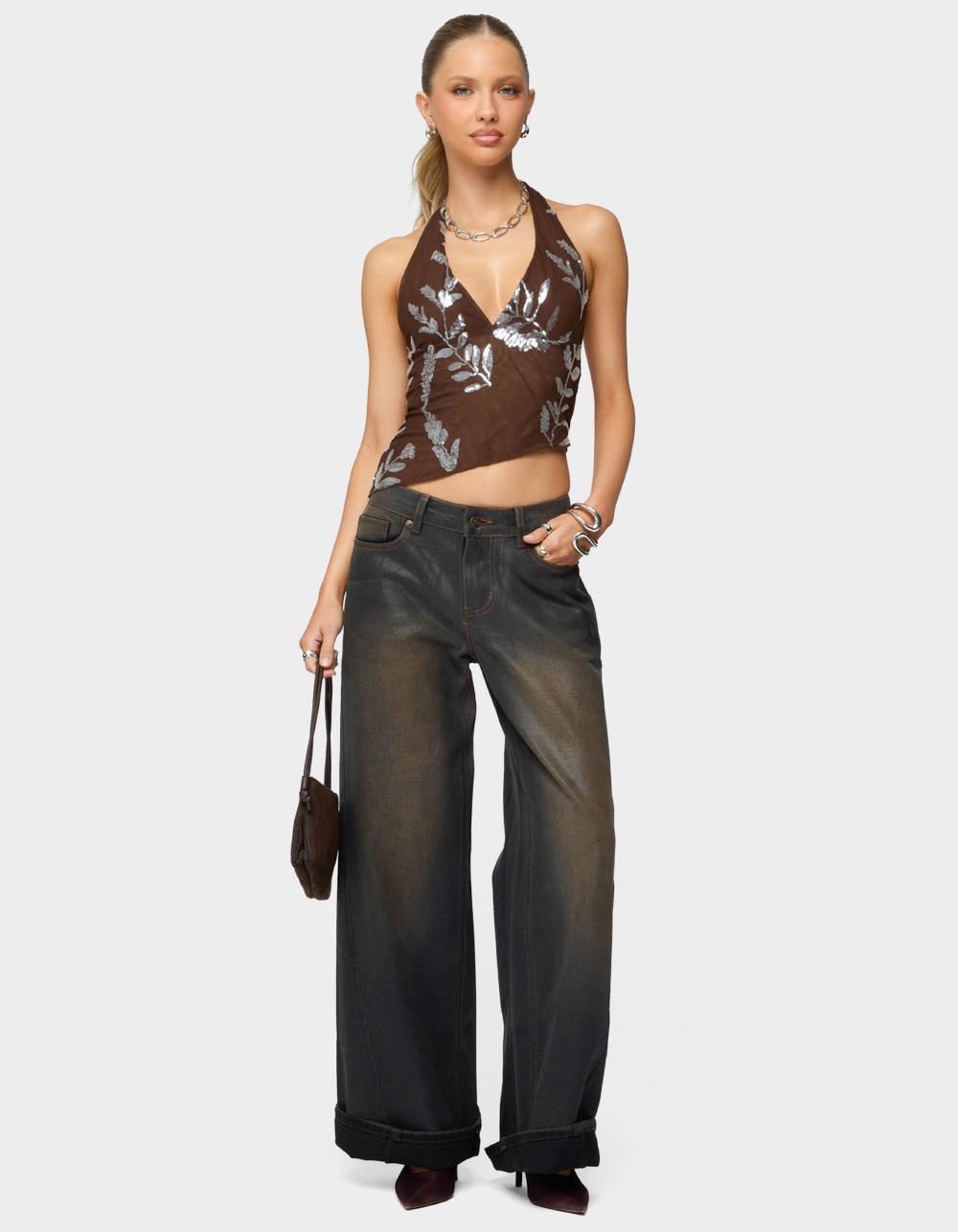 EDIKTED Sequin Asymmetric Mesh Halter Top - BROWN
