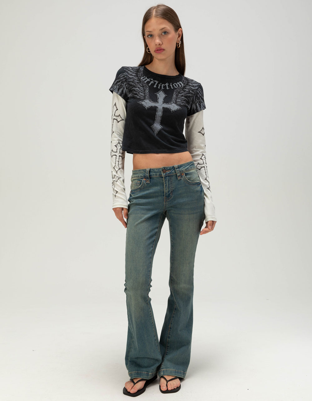 AFFLICTION Criss Cross Womens Long Sleeve 2fer Tee - BLK/WHT