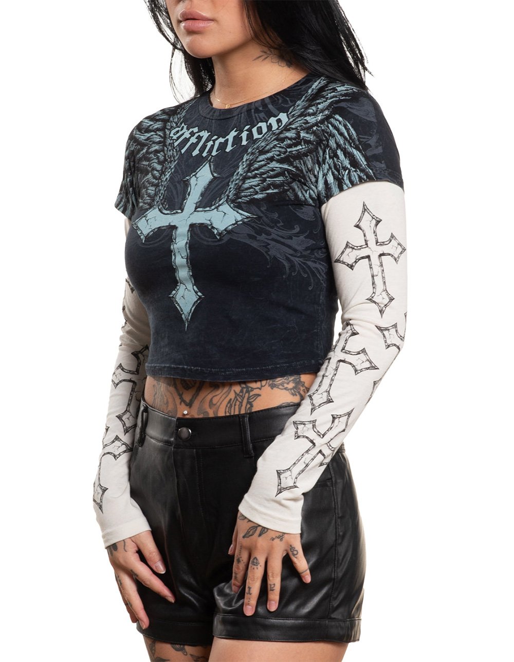 AFFLICTION Criss Cross Womens Long Sleeve 2fer Tee - BLK/WHT
