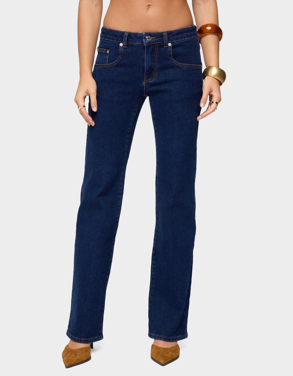 EDIKTED Jemima Contrast Stitch Low Rise Jeans - DARK BLUE