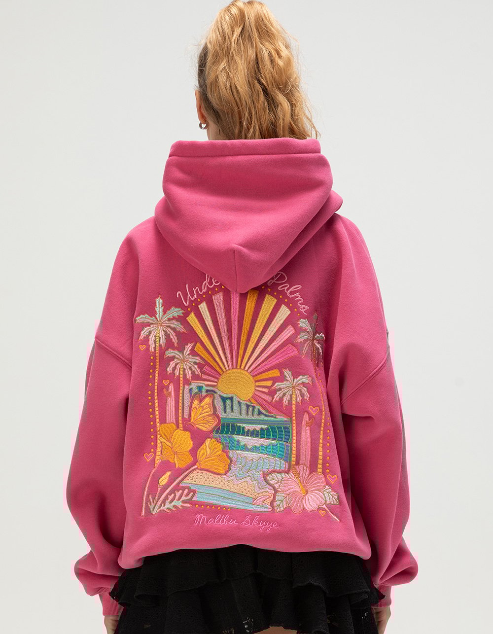 MALIBU SKYYE Under The Palms Embroidered Womens Hoodie - PINK