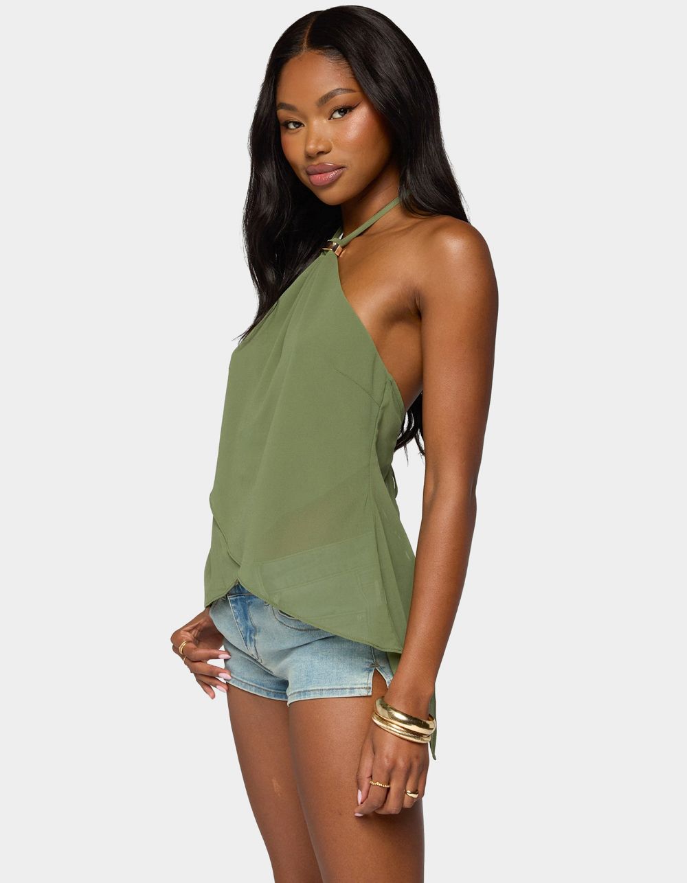 EDIKTED Chiffon Split Open Back Halter Top - DK GREEN