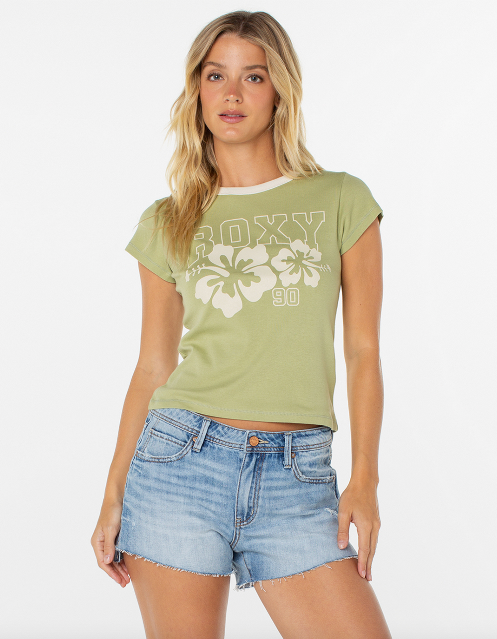 ROXY Genuine Hibiscus 90s Womens Ringer Baby Tee - GREEN