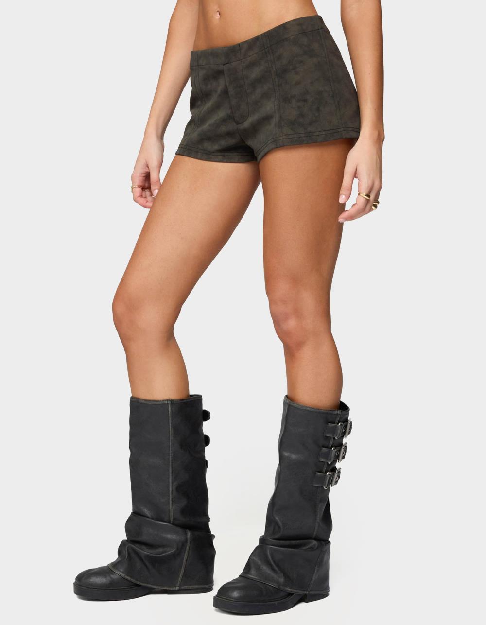 EDIKTED Taia Distressed Faux Leather Micro Shorts - DARK BROWN