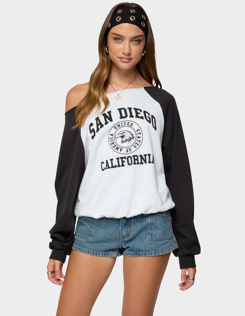 EDIKTED San Diego Off Shoulder Raglan Sweatshirt - GRAY
