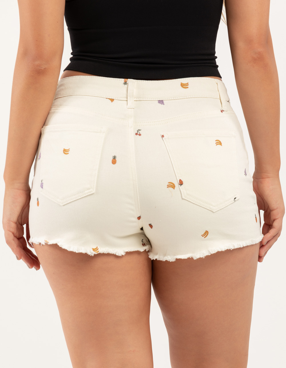 TINSELTOWN Fruit Embroidered Womens Frayed Denim Shorts IVORY Tillys