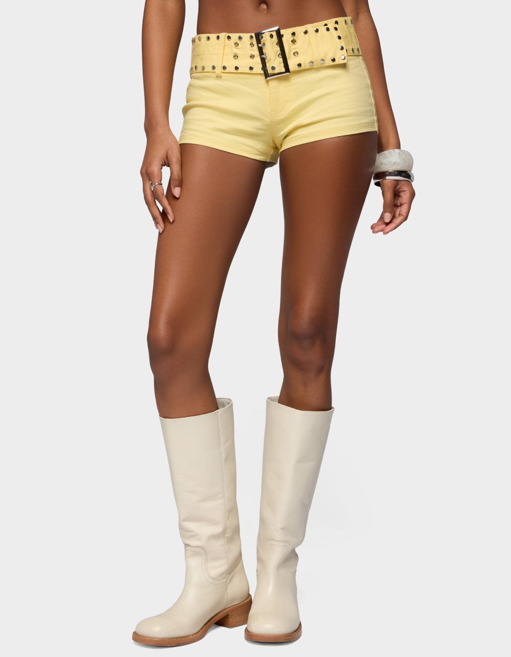 EDIKTED Studded Belt Denim Micro Shorts - YELLOW