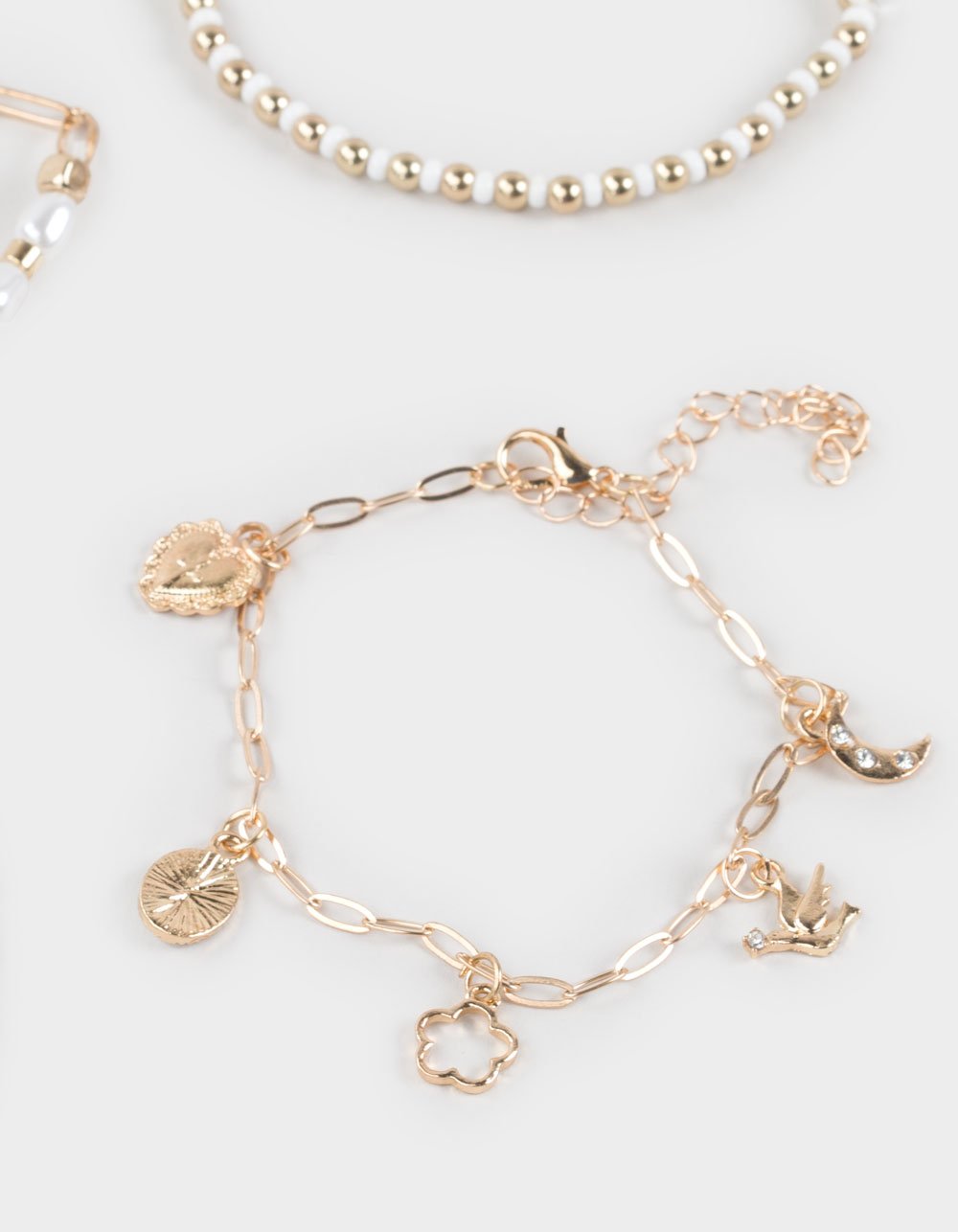 FULL TILT 5 Pack Beaded Heart/Pearl Bracelets - GOLD