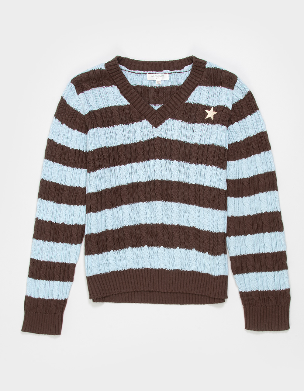 NO COMMENT Stripe Girls Cable Knit V-Neck Sweater - BLUE COMBO