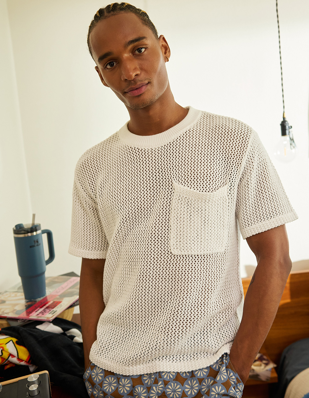 RSQ Mens Crochet Pocket Tee - WHITE