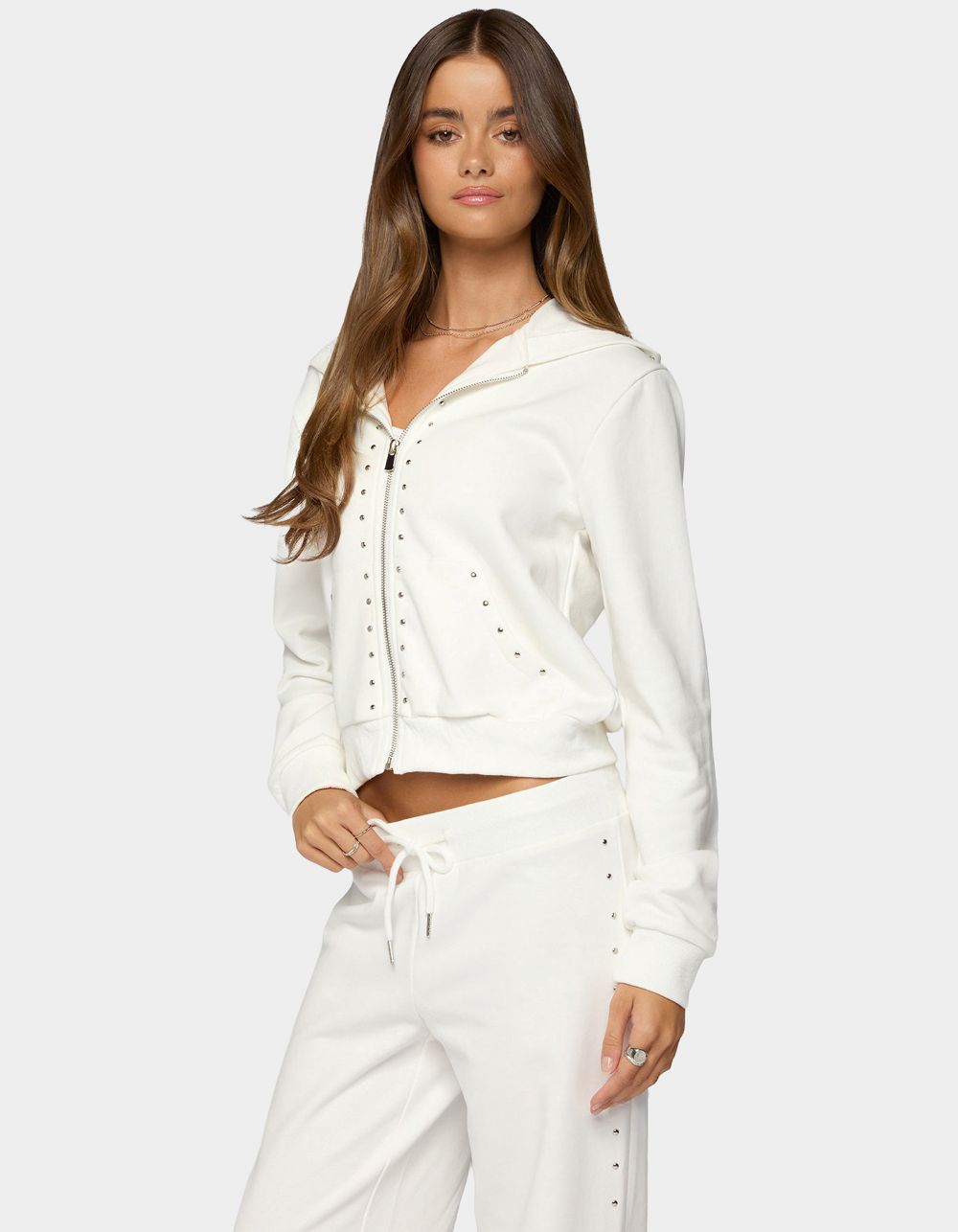 EDIKTED Enid Studded Zip Up Hoodie - WHITE