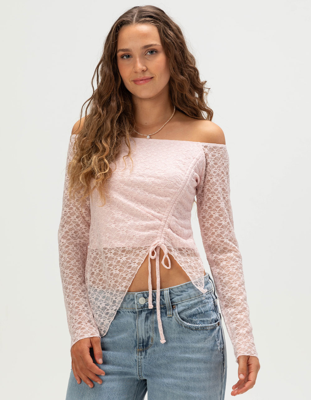 FULL TILT Womens Long Sleeve Lace Cinch Top - PINK