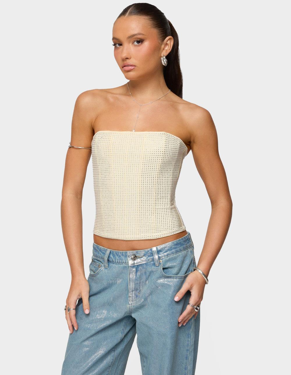 EDIKTED Vezza Strapless Rhinestone Corset - BEIGE