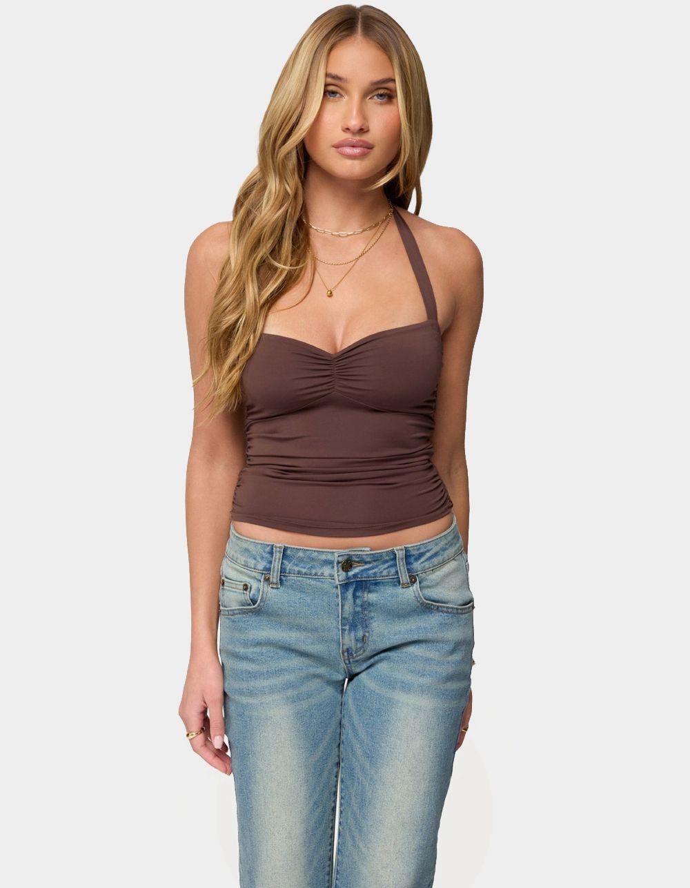 EDIKTED Anael Ruched Halter Top - BROWN