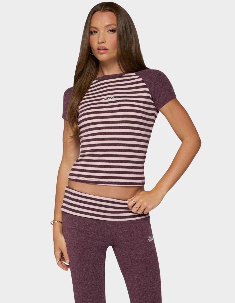 Edikted Stay Stripey Raglan Tee - DK RED