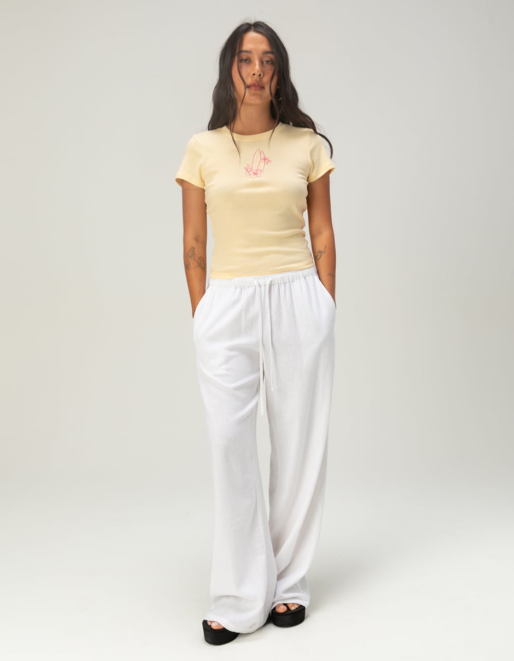 FULL TILT Flower Surfboard Womens Baby Tee - YELLOW