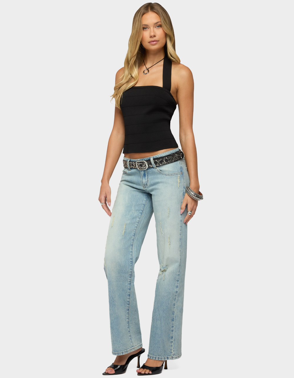 EDIKTED Lainie Distressed Low Rise Bootcut Jeans - BLUE