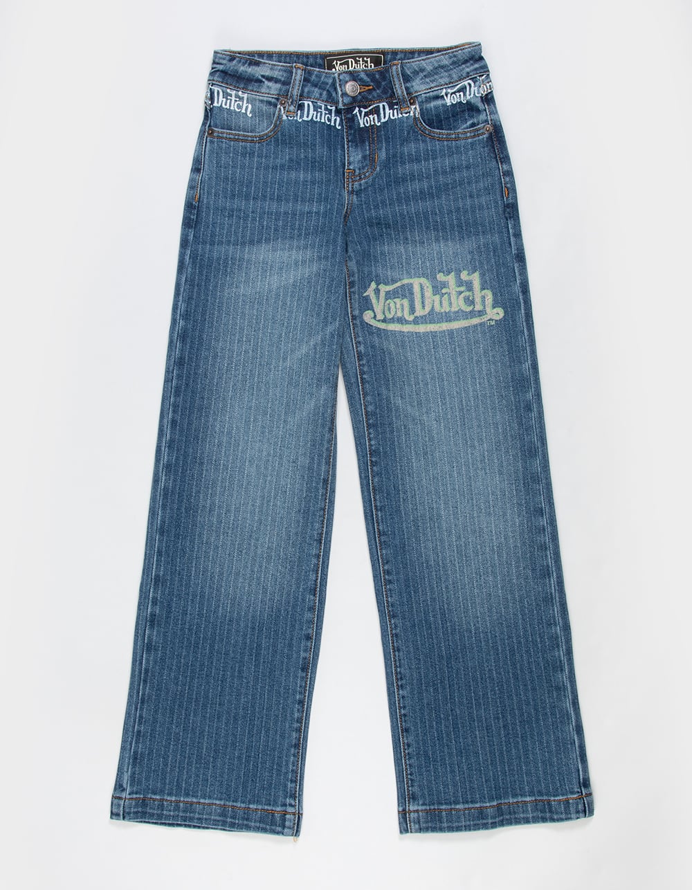 VON DUTCH Low Rise Stripe Girls Wide Leg Jeans - Dark Wash