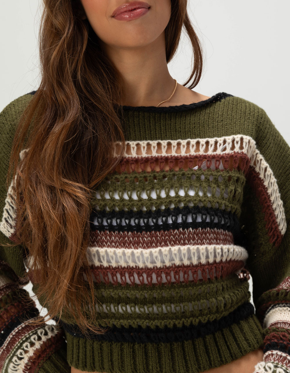 RSQ Womens Stripe Open Knit Sweater - GREEN COMBO